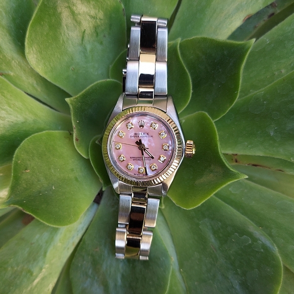 Rolex Ladies 24mm Oyster Perpetual Pink Mop Diamond twotone Oyster